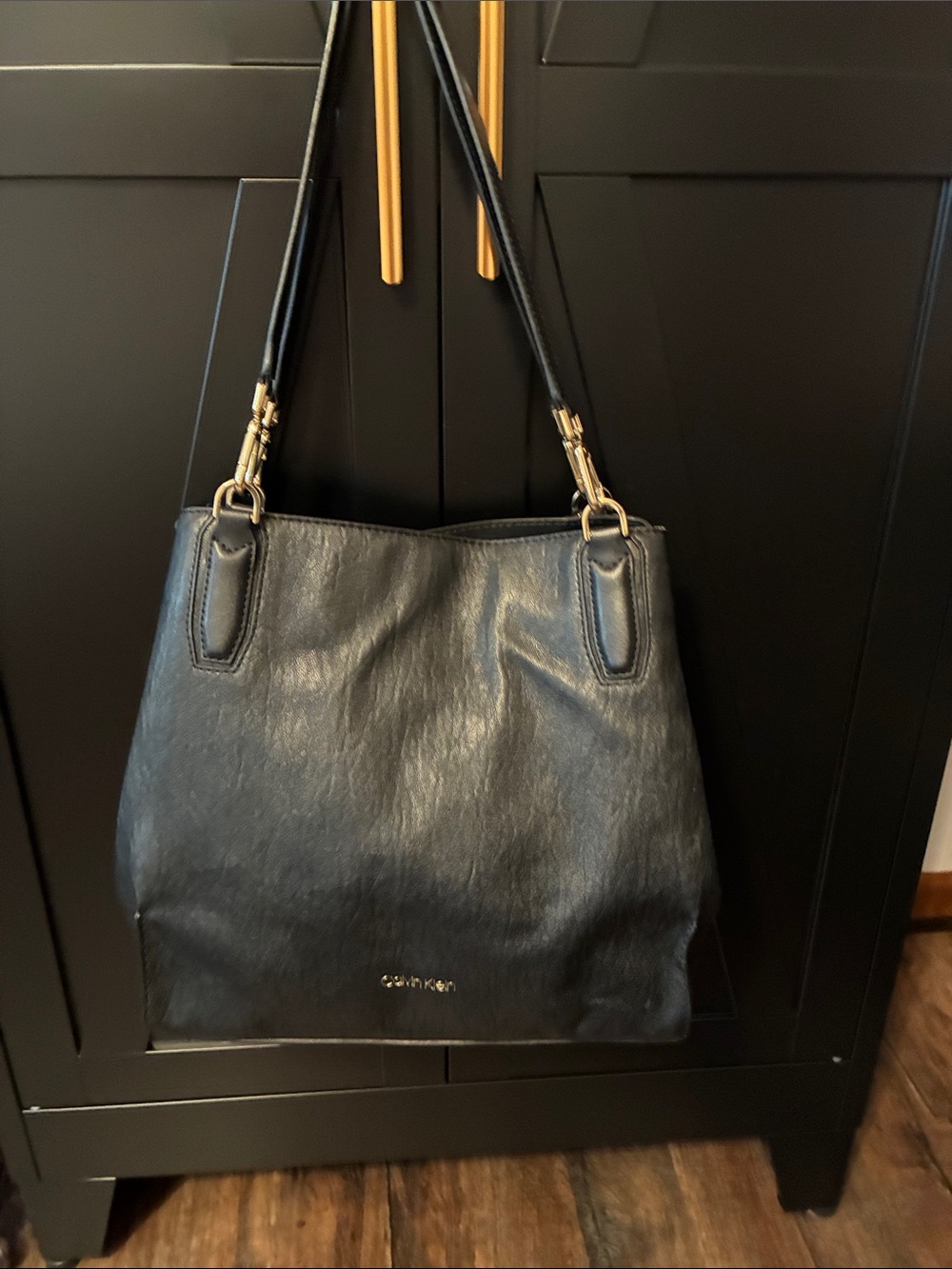 Calvin Klein Black Leather Shoulder Tote with Gold Hardware